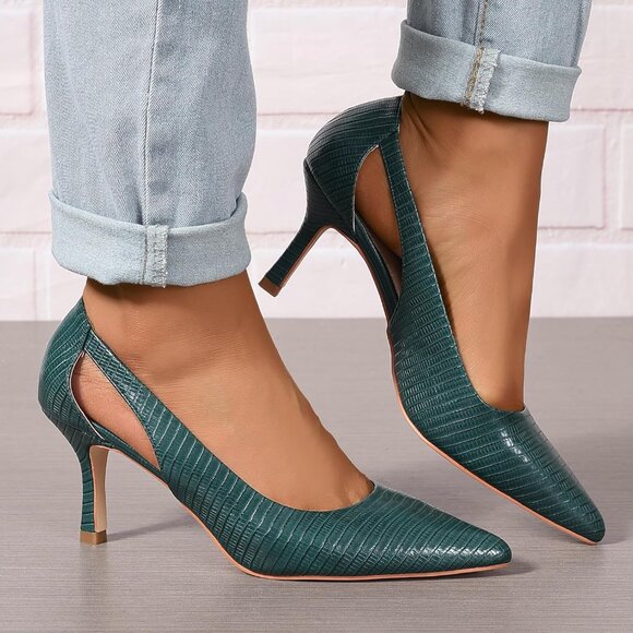 Women's Green Faux Leather Pumps Pointed Closed Toe Kitten Heel Pump Shoes - Picture 5 of 5